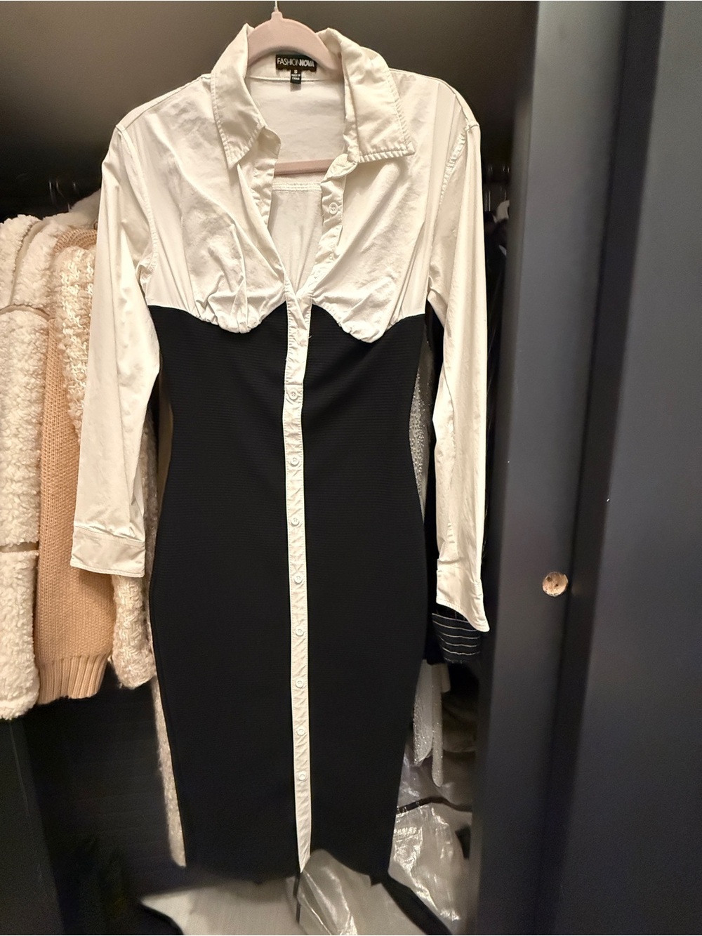 Fashion Nova Black and White Long Sleeve Shirt Dress